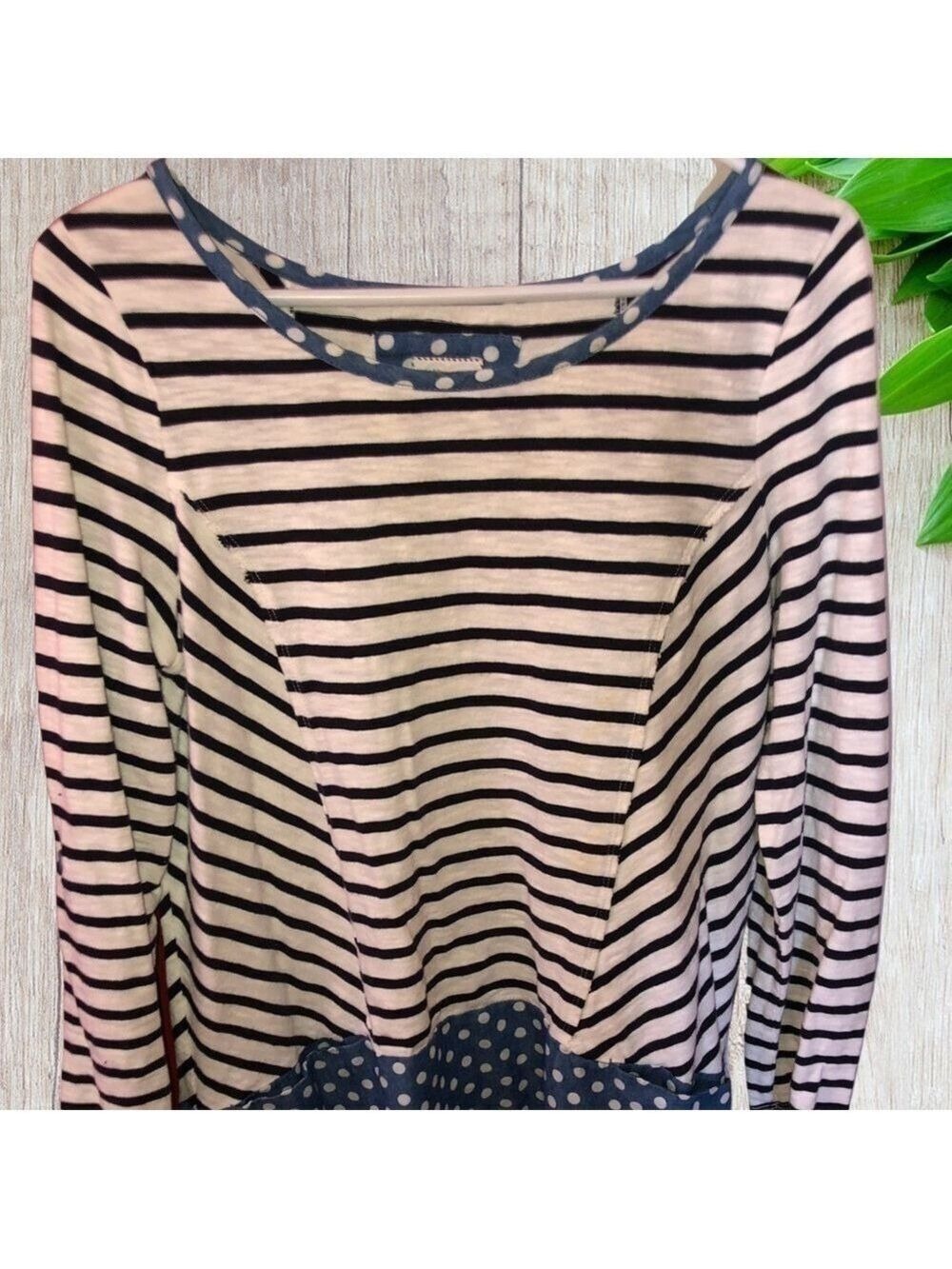 𝅺Anthropologie Postmark Fairley Postage Stamp Roll Tab Striped Polka Dot Shirt - Picture 12 of 12